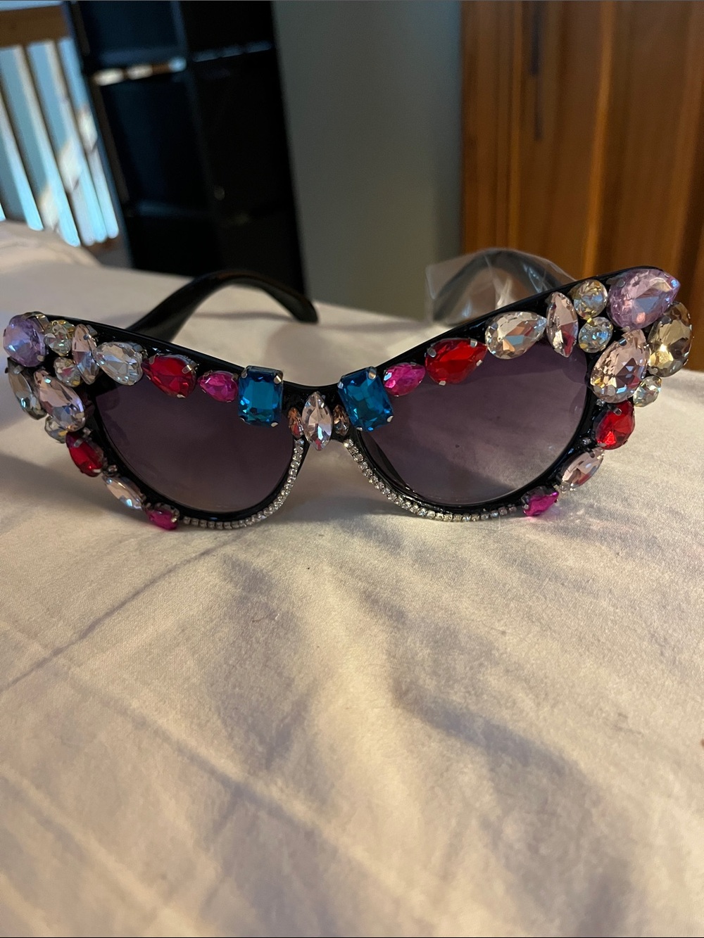 Embellished Cat-Eye Sunglasses - Black with Multicolor Gems